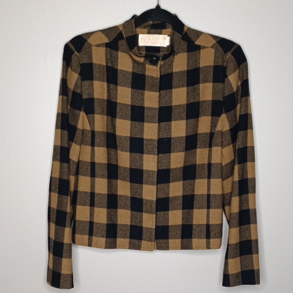 Pendleton Vintage Black Tan Buffalo Check Wool Cropped Jacket Size M